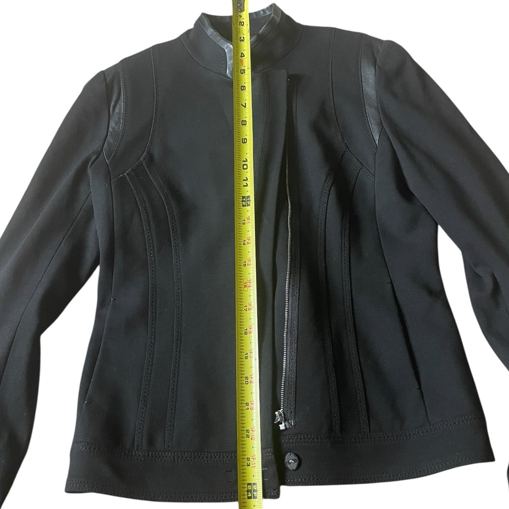 Elie Tahari Black Zip-Front Leather-Trim Jacket - Picture 2 of 7